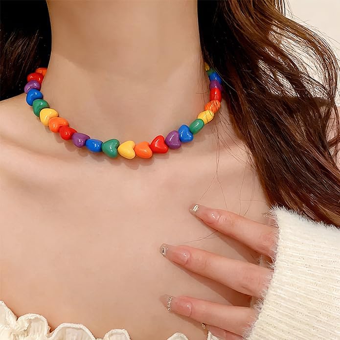 Colorful Rainbow Beaded Heart Necklace