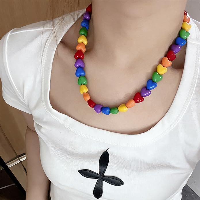 Colorful Rainbow Beaded Heart Necklace